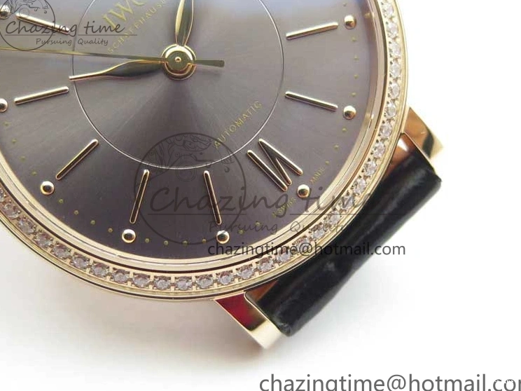 MIROTIME 1218 Durable Portofino 37mm RG V7F 1:1 Best Edition Gray Dial Diamonds Bezel on Black Leather Strap A 7089